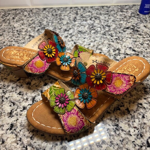 L’Artiste Spring Step Floral Leather Sandals Sz38 Boho Colored Slides - Picture 3 of 9